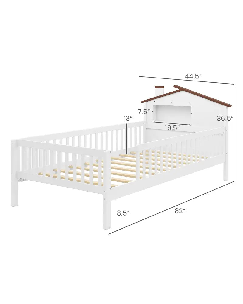 Twin Size Kids Montessori Bed with House-Shaped Headboard and Built-in Storage Shelf-White - White - Simple Bed Frame