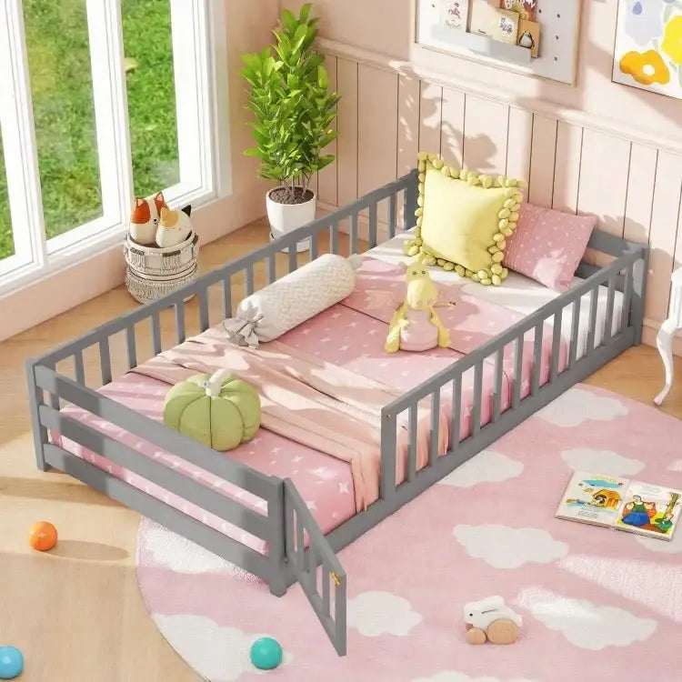 Twin Size Kids Wood Montessori Floor Bed with Door and Fence - Gray - Oasis Home Essentials
