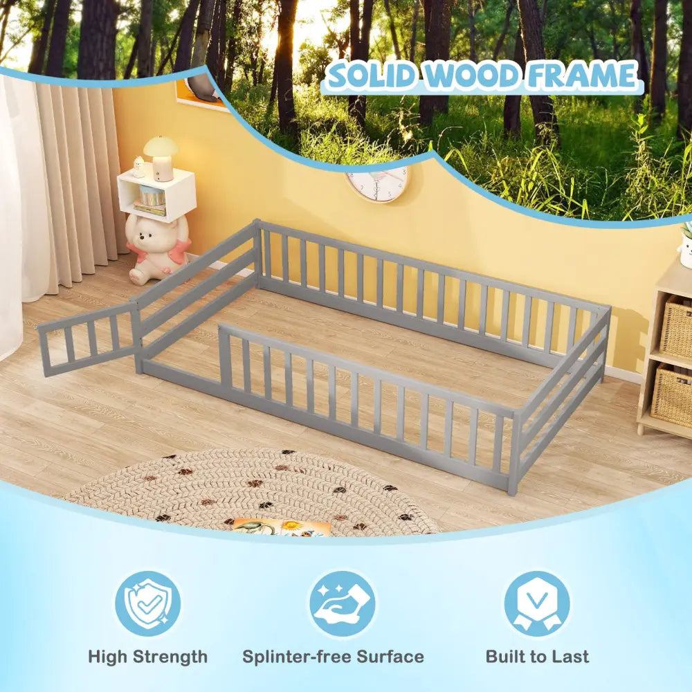 Twin Size Kids Wood Montessori Floor Bed with Door and Fence-Gray - Gray - Toddler Beds