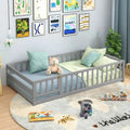 Twin Size Kids Wood Montessori Floor Bed with Door and Fence - Gray - Oasis Home Essentials