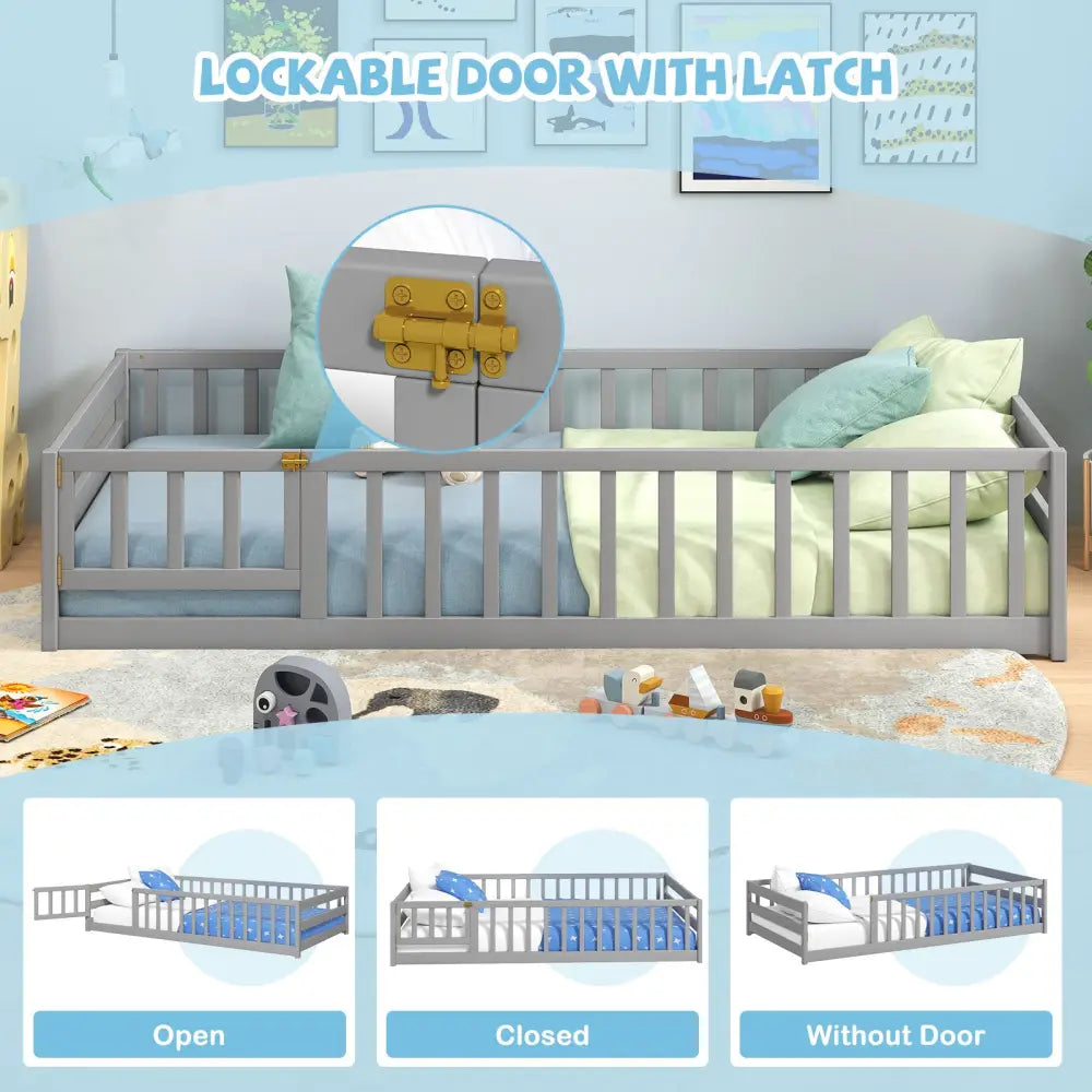 Twin Size Kids Wood Montessori Floor Bed with Door and Fence-Gray - Gray - Toddler Beds