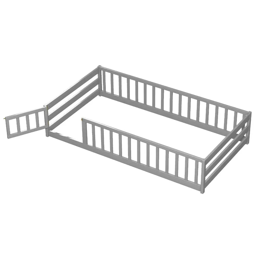 Twin Size Kids Wood Montessori Floor Bed with Door and Fence - Gray - Oasis Home Essentials