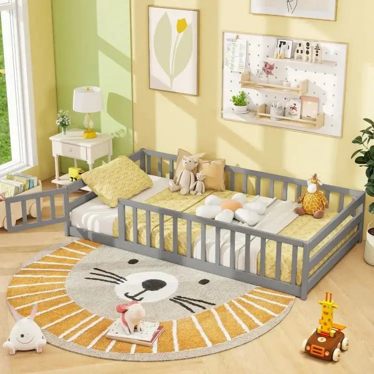 Twin Size Kids Wood Montessori Floor Bed with Door and Fence - Gray - Oasis Home Essentials
