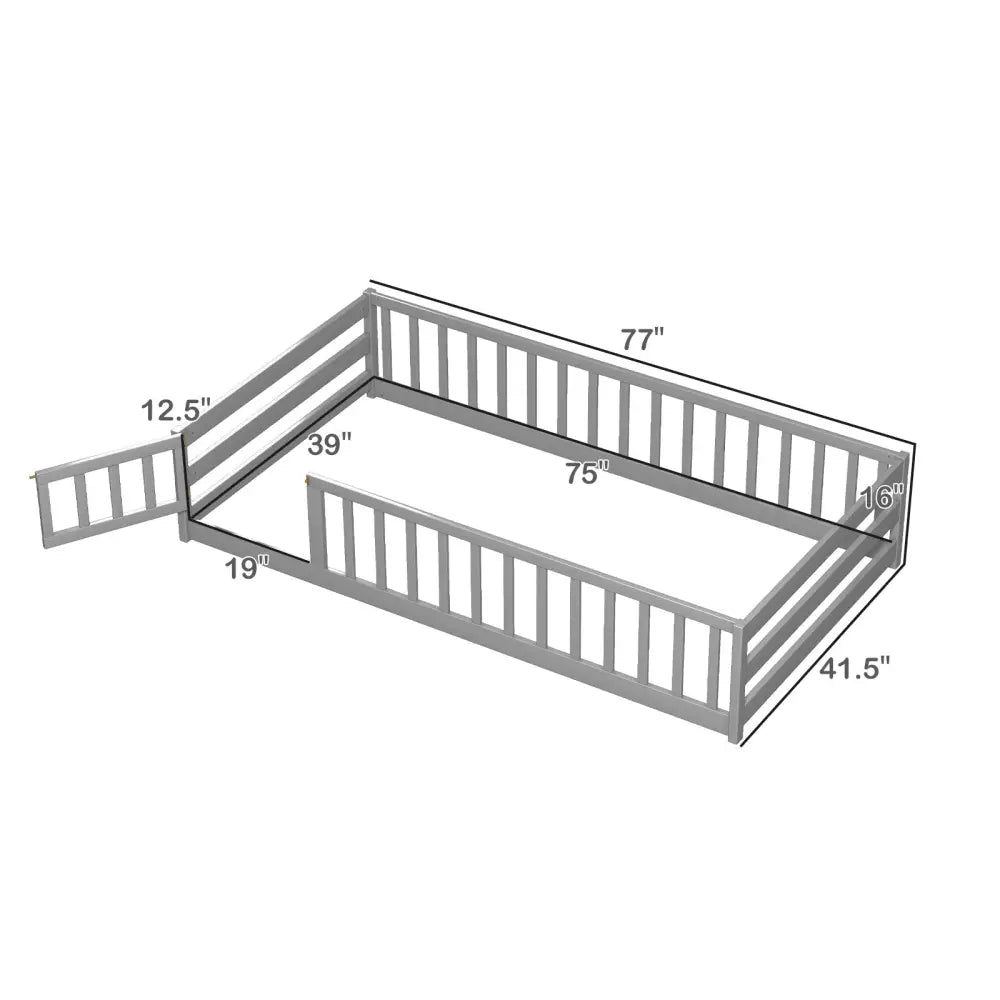 Twin Size Kids Wood Montessori Floor Bed with Door and Fence-Gray - Gray - Toddler Beds