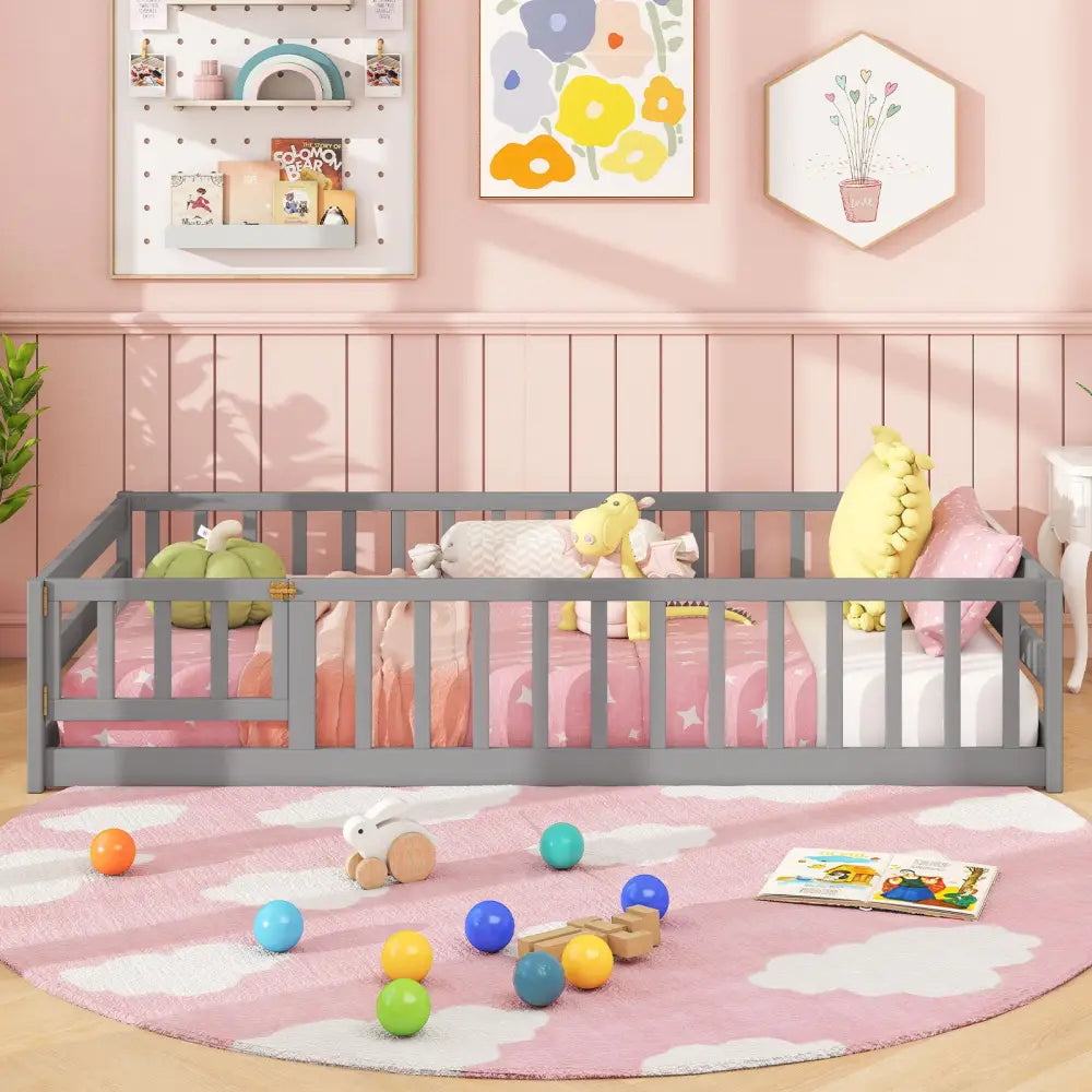 Twin Size Kids Wood Montessori Floor Bed with Door and Fence-Gray - Gray - Toddler Beds