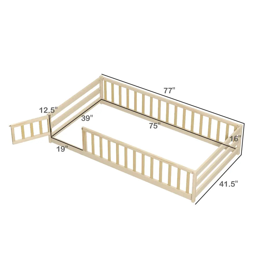 Twin Size Kids Wood Montessori Floor Bed with Door and Fence-Natural - Natural - Toddler Beds