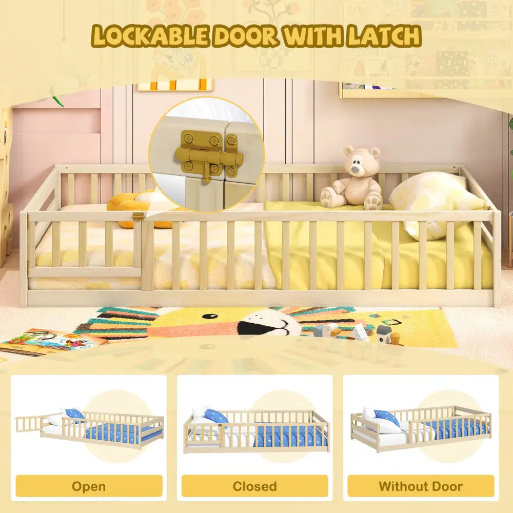 Twin Size Kids Wood Montessori Floor Bed with Door and Fence-Natural - Natural - Toddler Beds