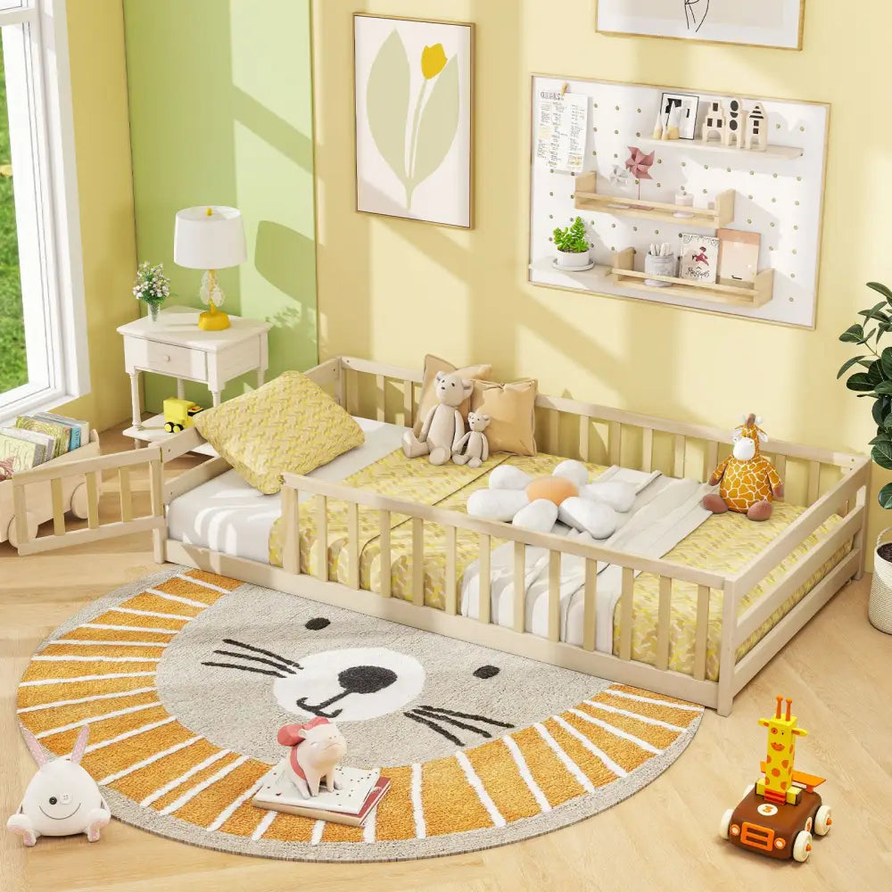 Twin Size Kids Wood Montessori Floor Bed with Door and Fence-Natural - Natural - Toddler Beds