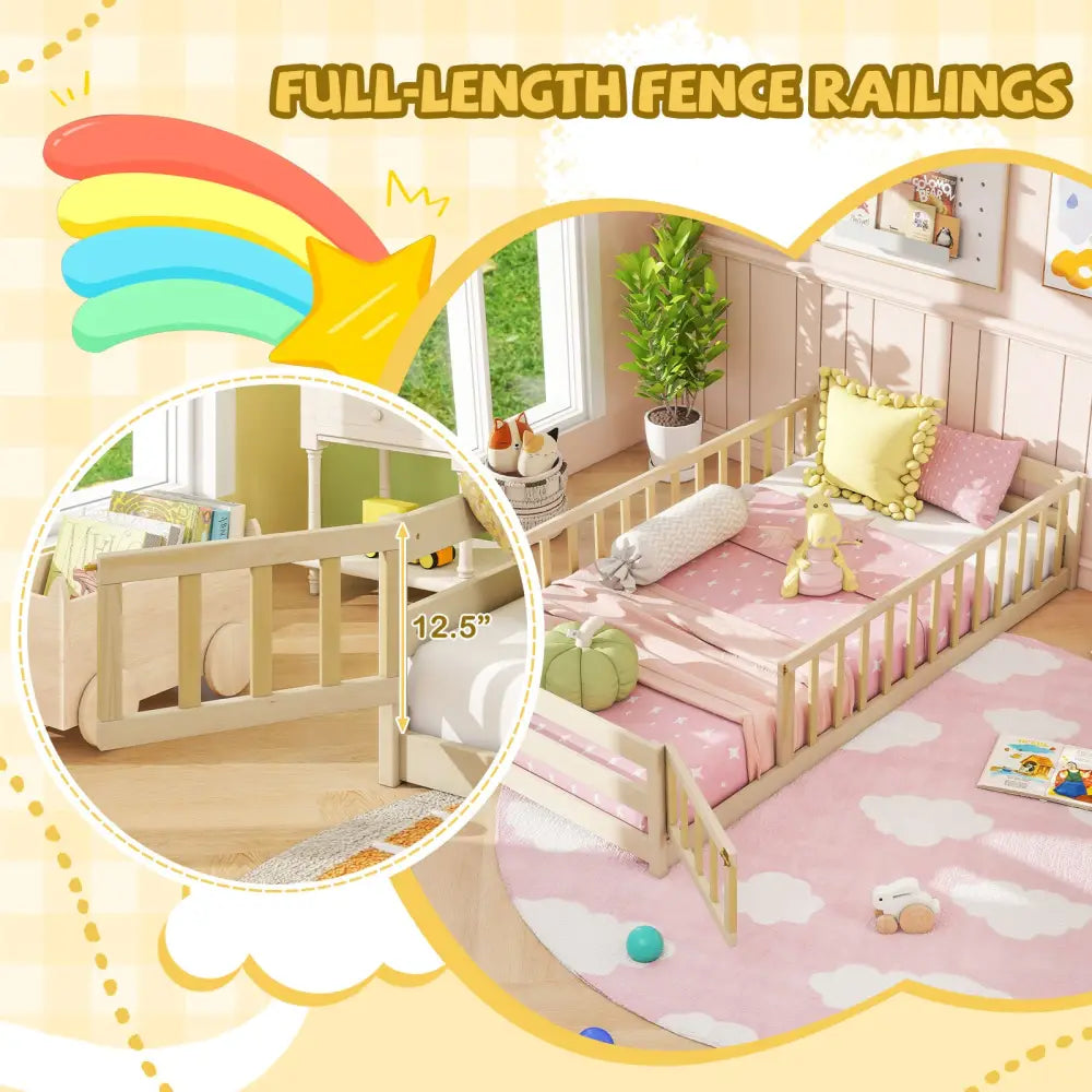 Twin Size Kids Wood Montessori Floor Bed with Door and Fence-Natural - Natural - Toddler Beds