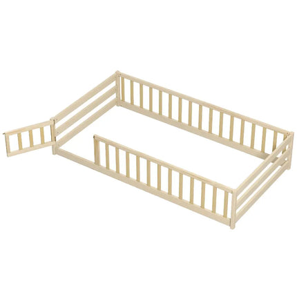 Twin Size Kids Wood Montessori Floor Bed with Door and Fence-Natural - Natural - Toddler Beds