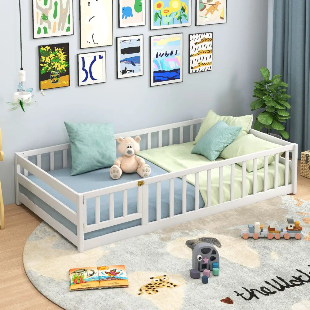 Twin Size Kids Wood Montessori Floor Bed with Door and Fence-White - White - Toddler Beds