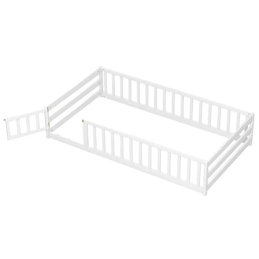 Twin Size Kids Wood Montessori Floor Bed with Door and Fence-White - White - Toddler Beds