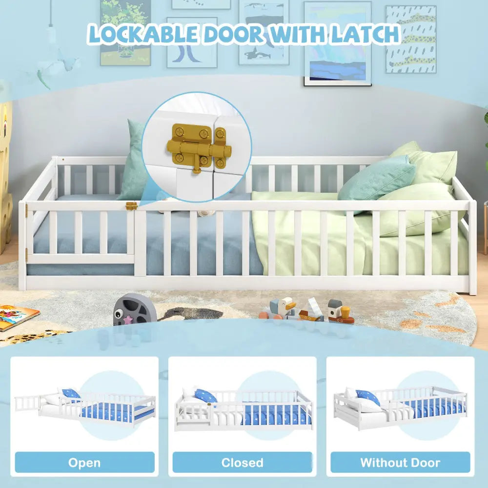 Twin Size Kids Wood Montessori Floor Bed with Door and Fence-White - White - Toddler Beds