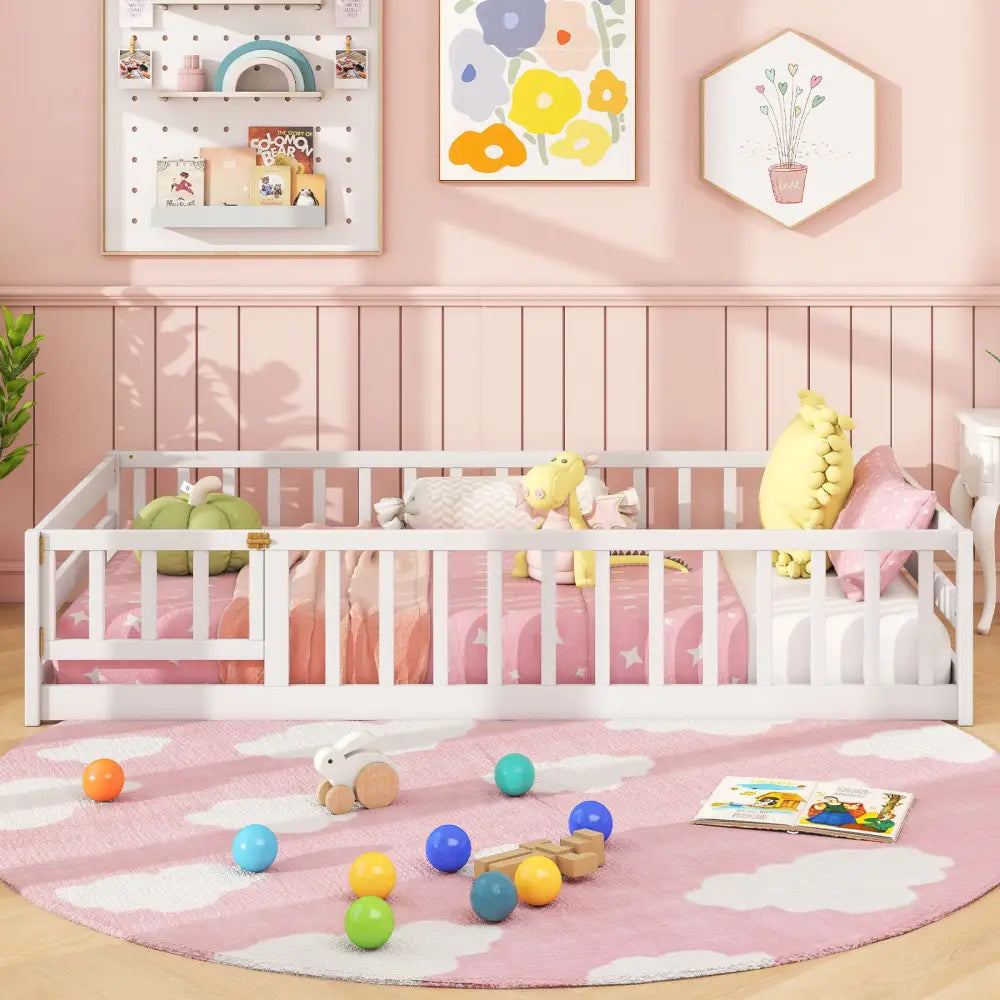 Twin Size Kids Wood Montessori Floor Bed with Door and Fence-White - White - Toddler Beds