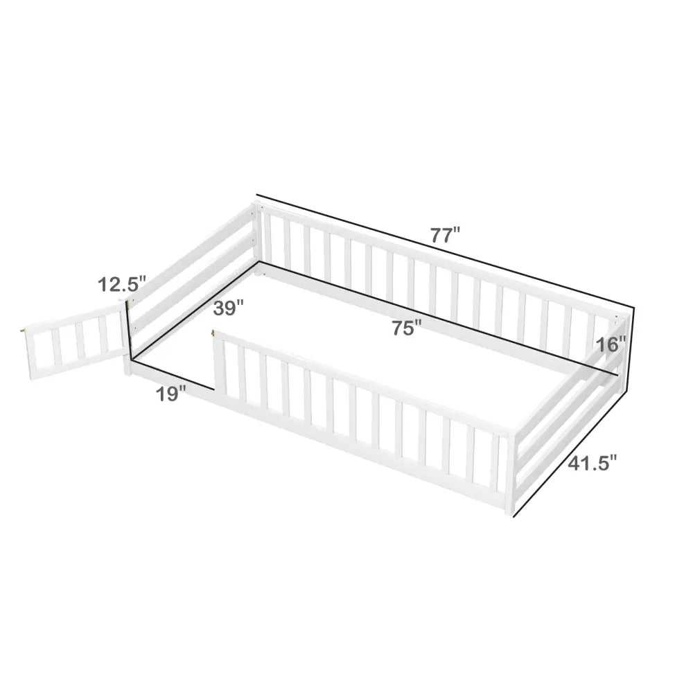 Twin Size Kids Wood Montessori Floor Bed with Door and Fence-White - White - Toddler Beds