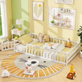 Twin Size Kids Wood Montessori Floor Bed with Door and Fence-White - White - Toddler Beds