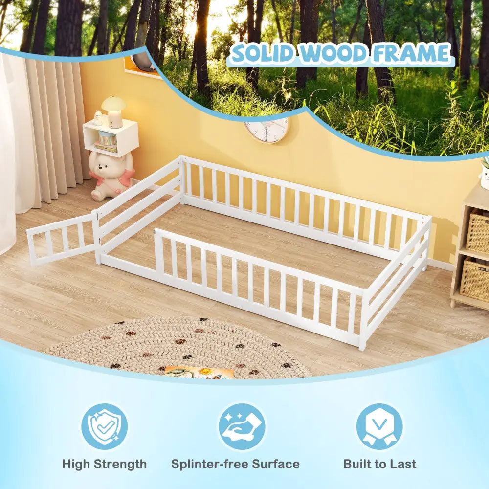 Twin Size Kids Wood Montessori Floor Bed with Door and Fence-White - White - Toddler Beds