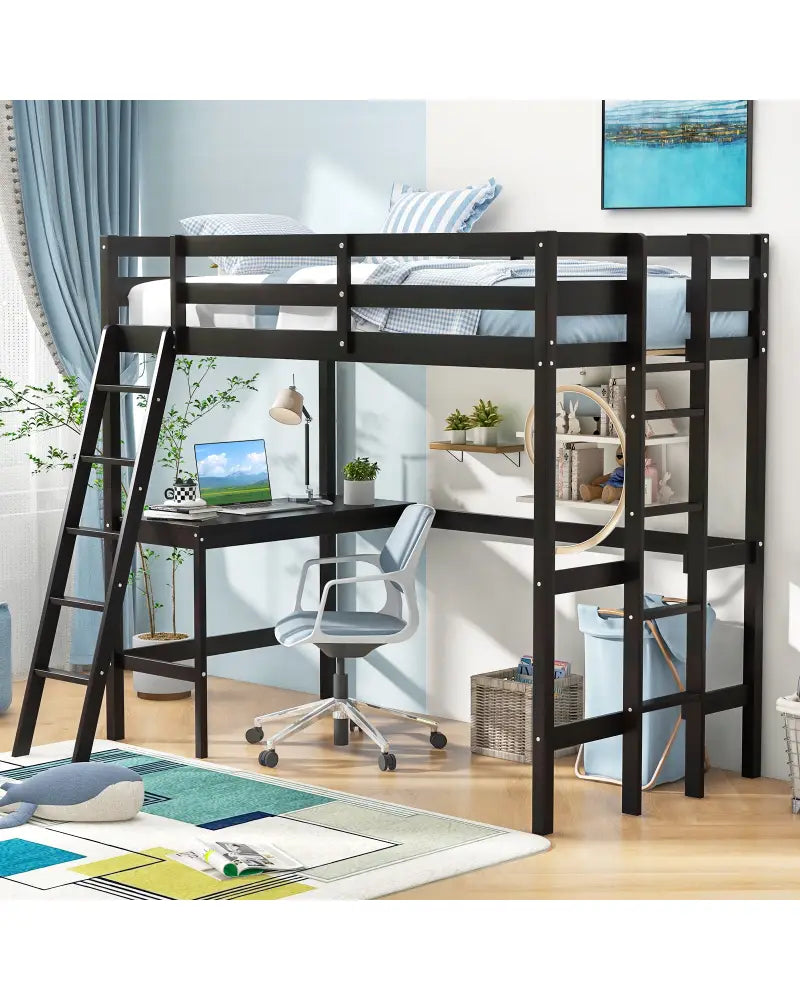 Twin Size Loft Bed Frame with Desk Angled and Built-in Ladder-Dark Brown - Dark Brown - Bunk Bed Frame