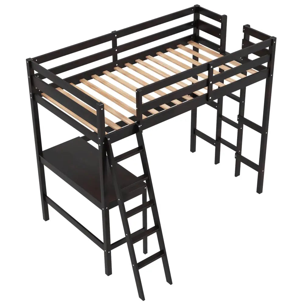 Twin Size Loft Bed Frame with Desk Angled and Built-in Ladder-Dark Brown - Dark Brown - Bunk Bed Frame