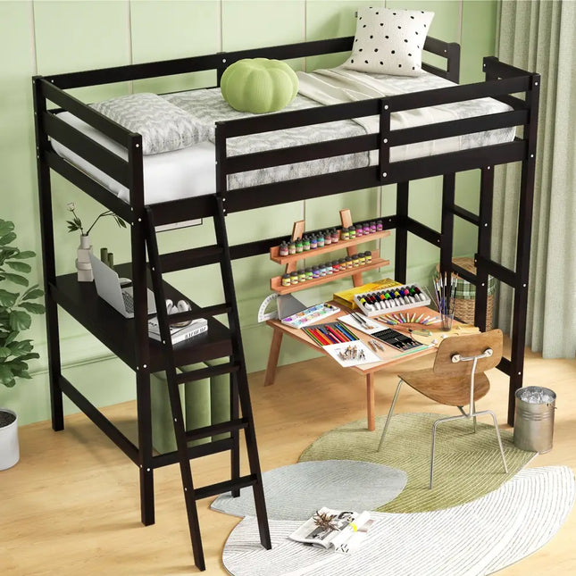 Twin Size Loft Bed Frame with Desk Angled and Built-in Ladder-Dark Brown - Dark Brown - Bunk Bed Frame