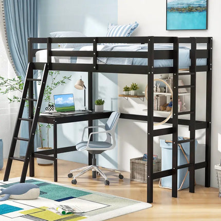Twin Size Loft Bed Frame with Desk Angled and Built-in Ladder-Dark Brown - Dark Brown - Bunk Bed Frame