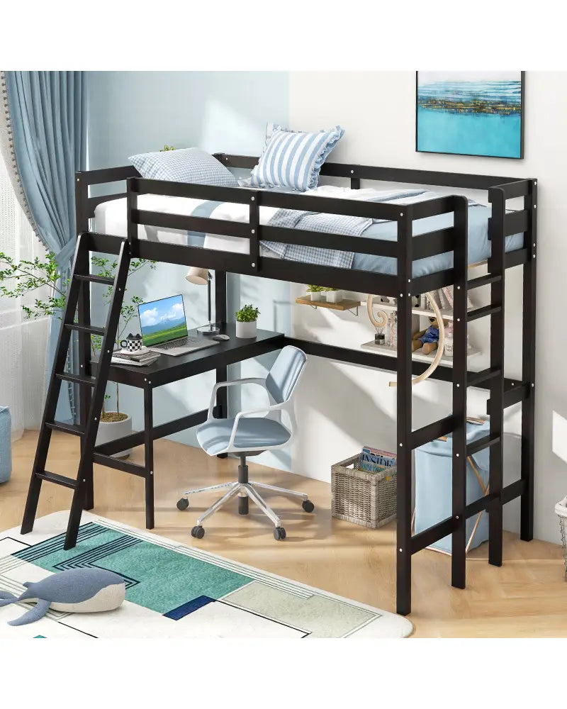 Twin Size Loft Bed Frame with Desk Angled and Built-in Ladder-Dark Brown - Dark Brown - Bunk Bed Frame