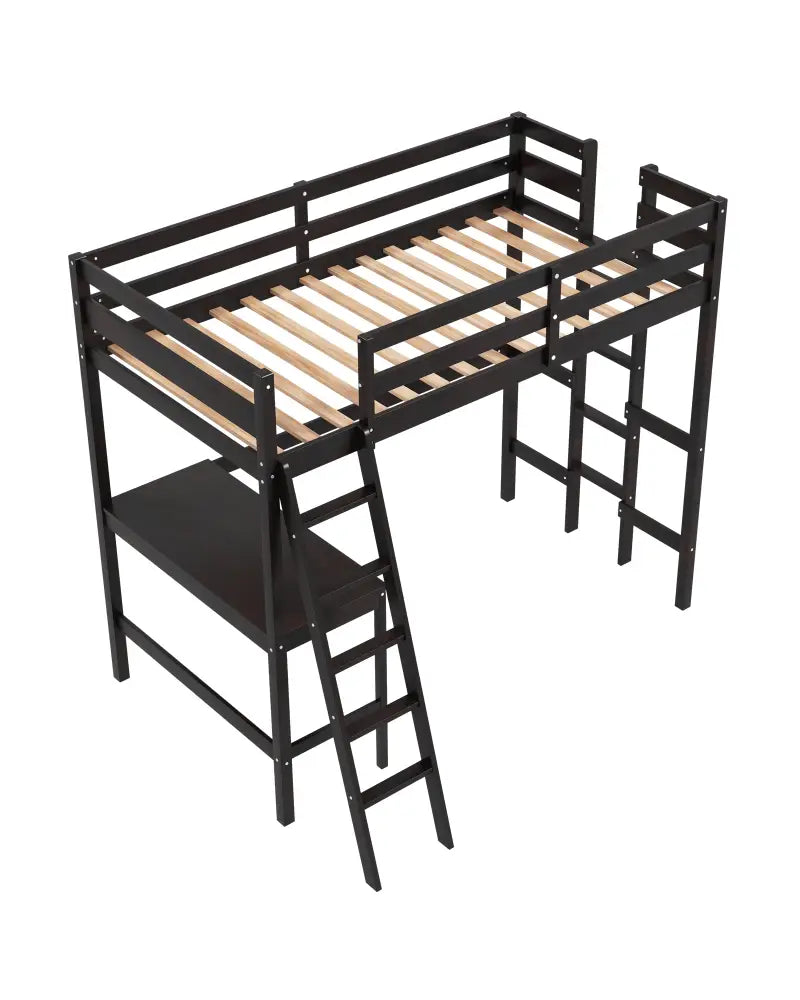 Twin Size Loft Bed Frame with Desk Angled and Built-in Ladder-Dark Brown - Dark Brown - Bunk Bed Frame