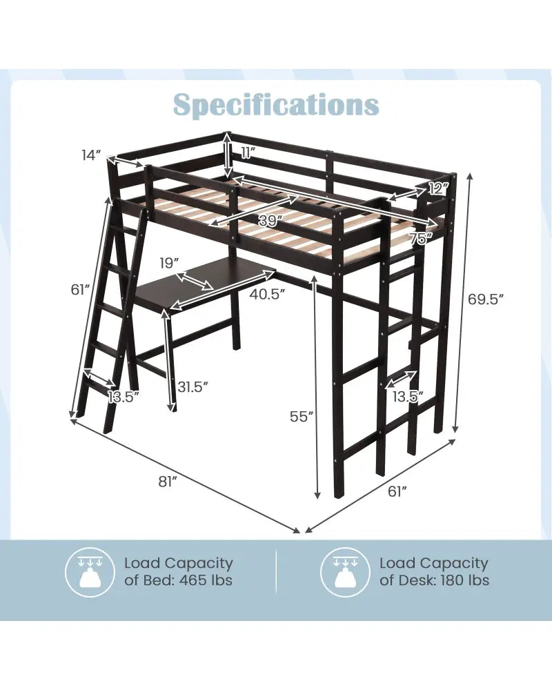 Twin Size Loft Bed Frame with Desk Angled and Built-in Ladder-Dark Brown - Dark Brown - Bunk Bed Frame