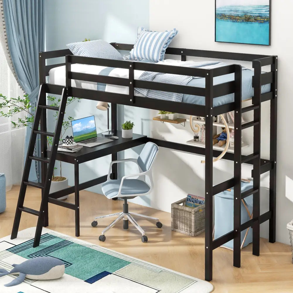 Twin Size Loft Bed Frame with Desk Angled and Built-in Ladder-Dark Brown - Dark Brown - Bunk Bed Frame