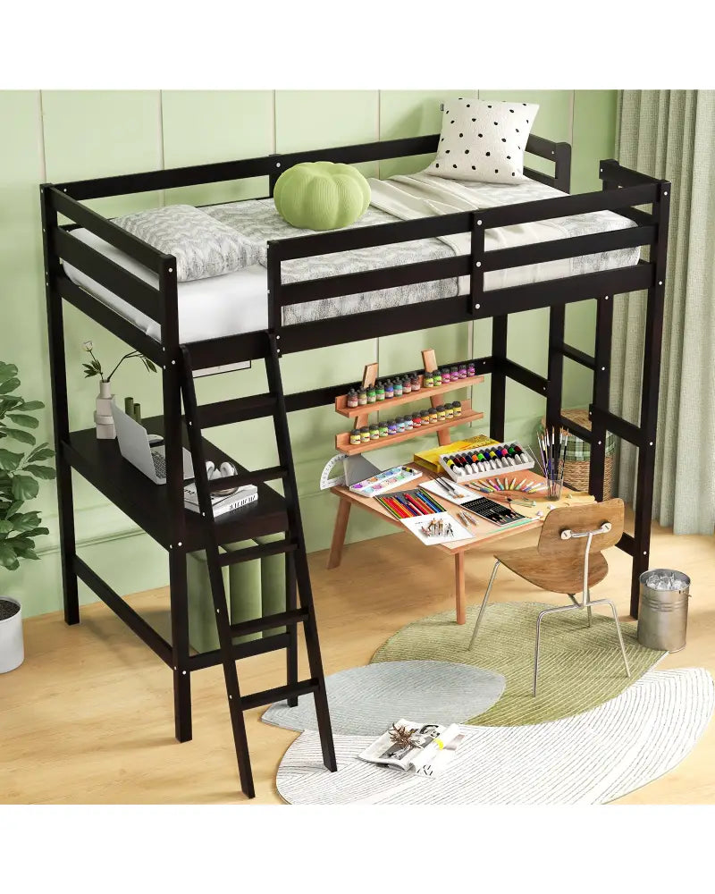 Twin Size Loft Bed Frame with Desk Angled and Built-in Ladder-Dark Brown - Dark Brown - Bunk Bed Frame