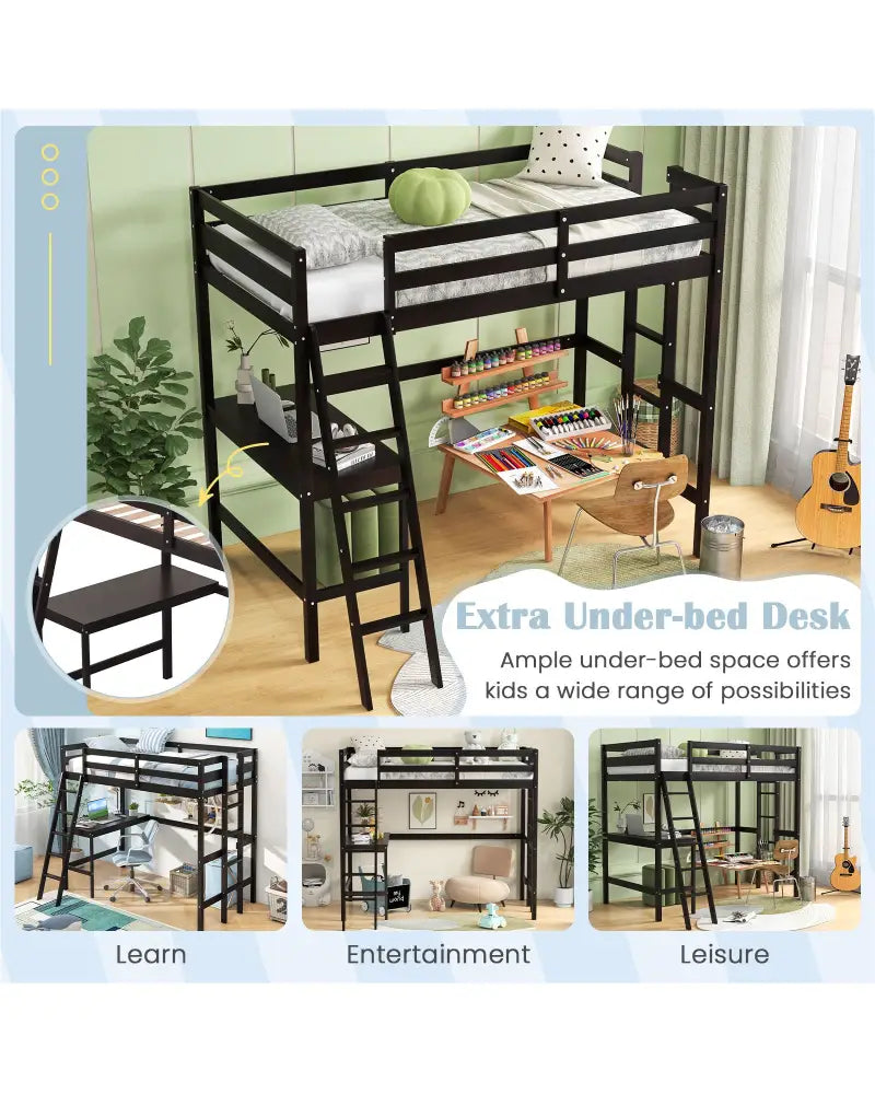 Twin Size Loft Bed Frame with Desk Angled and Built-in Ladder-Dark Brown - Dark Brown - Bunk Bed Frame
