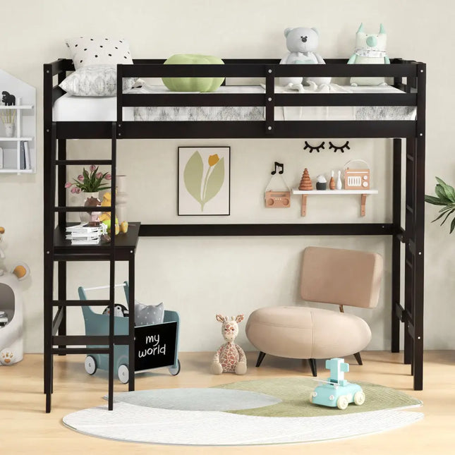 Twin Size Loft Bed Frame with Desk Angled and Built-in Ladder-Dark Brown - Dark Brown - Bunk Bed Frame