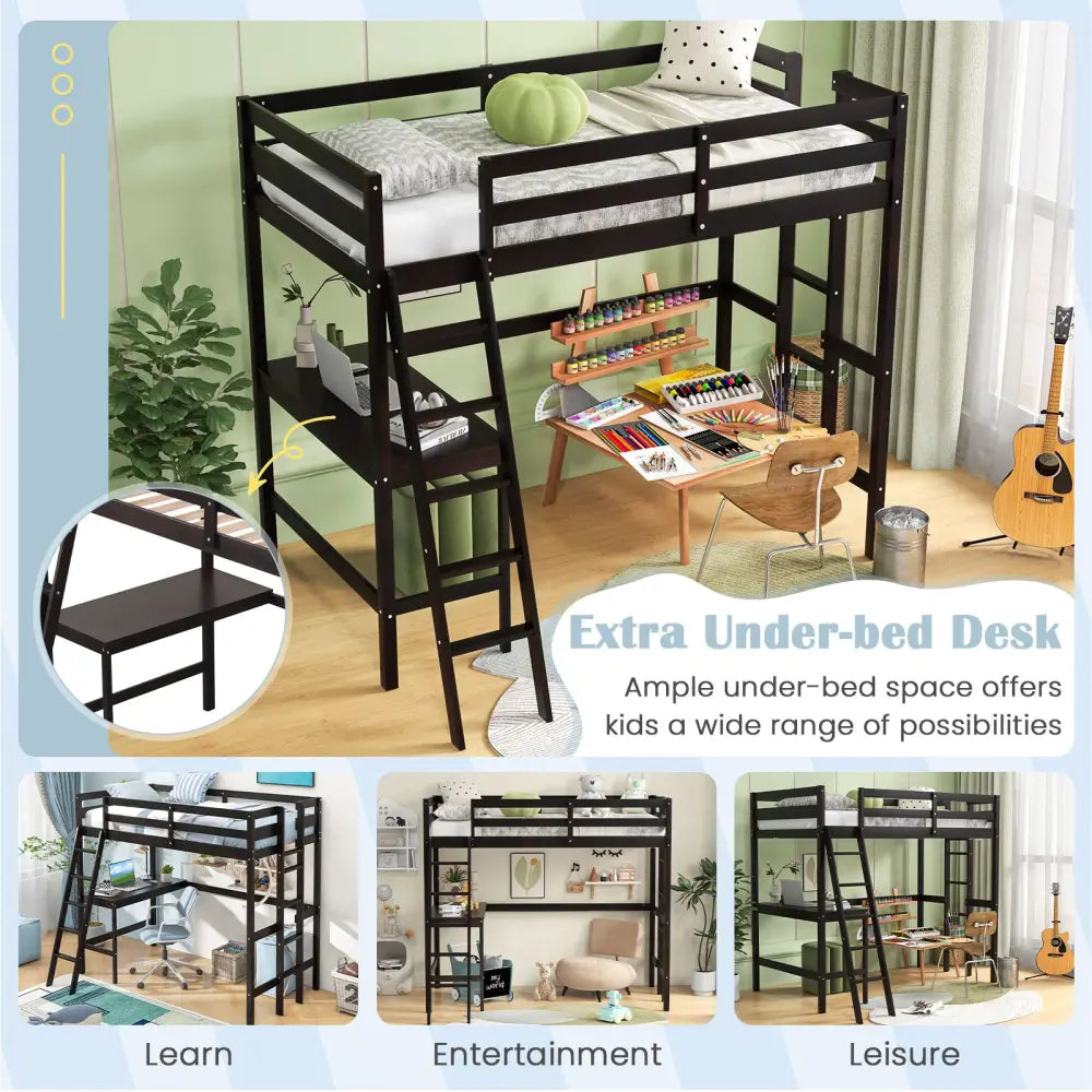 Twin Size Loft Bed Frame with Desk Angled and Built-in Ladder-Dark Brown - Dark Brown - Bunk Bed Frame