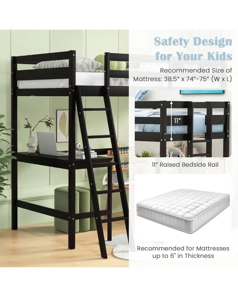 Twin Size Loft Bed Frame with Desk Angled and Built-in Ladder-Dark Brown - Dark Brown - Bunk Bed Frame
