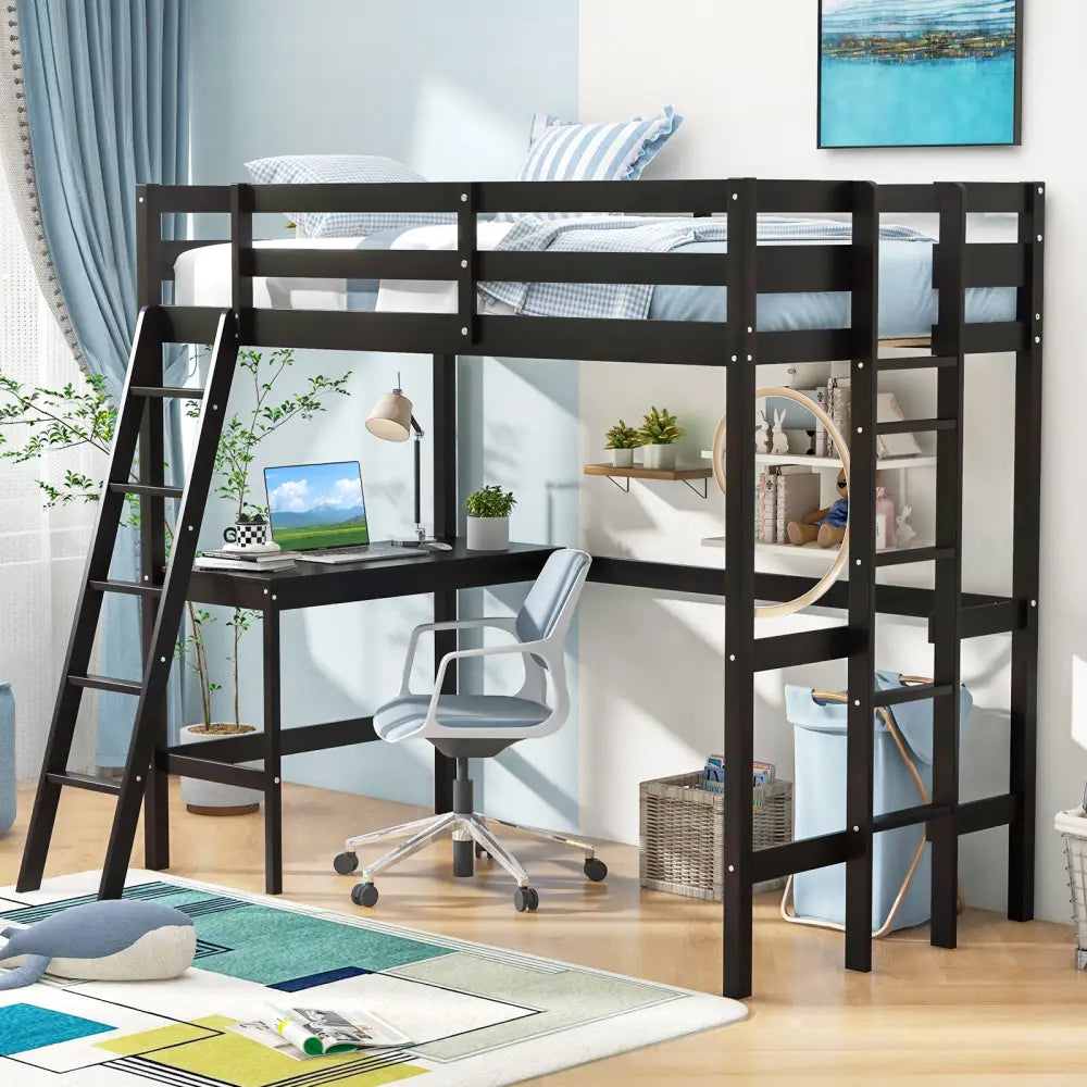 Twin Size Loft Bed Frame with Desk Angled and Built-in Ladder-Dark Brown - Dark Brown - Bunk Bed Frame
