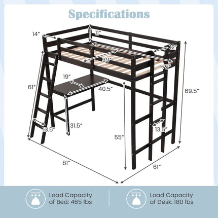 Twin Size Loft Bed Frame with Desk Angled and Built-in Ladder-Dark Brown - Dark Brown - Bunk Bed Frame