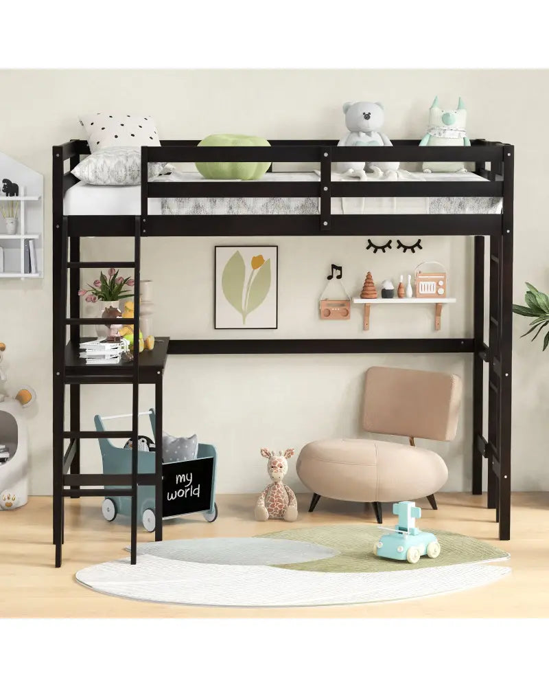 Twin Size Loft Bed Frame with Desk Angled and Built-in Ladder-Dark Brown - Dark Brown - Bunk Bed Frame