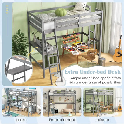 Twin Size Loft Bed Frame with Desk Angled and Built-in Ladder-Gray - Gray - Bunk Bed Frame