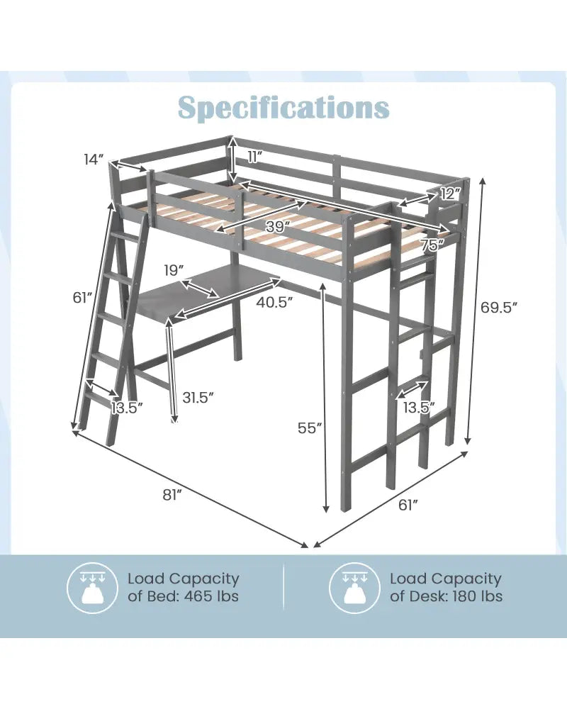 Twin Size Loft Bed Frame with Desk Angled and Built-in Ladder-Gray - Gray - Bunk Bed Frame