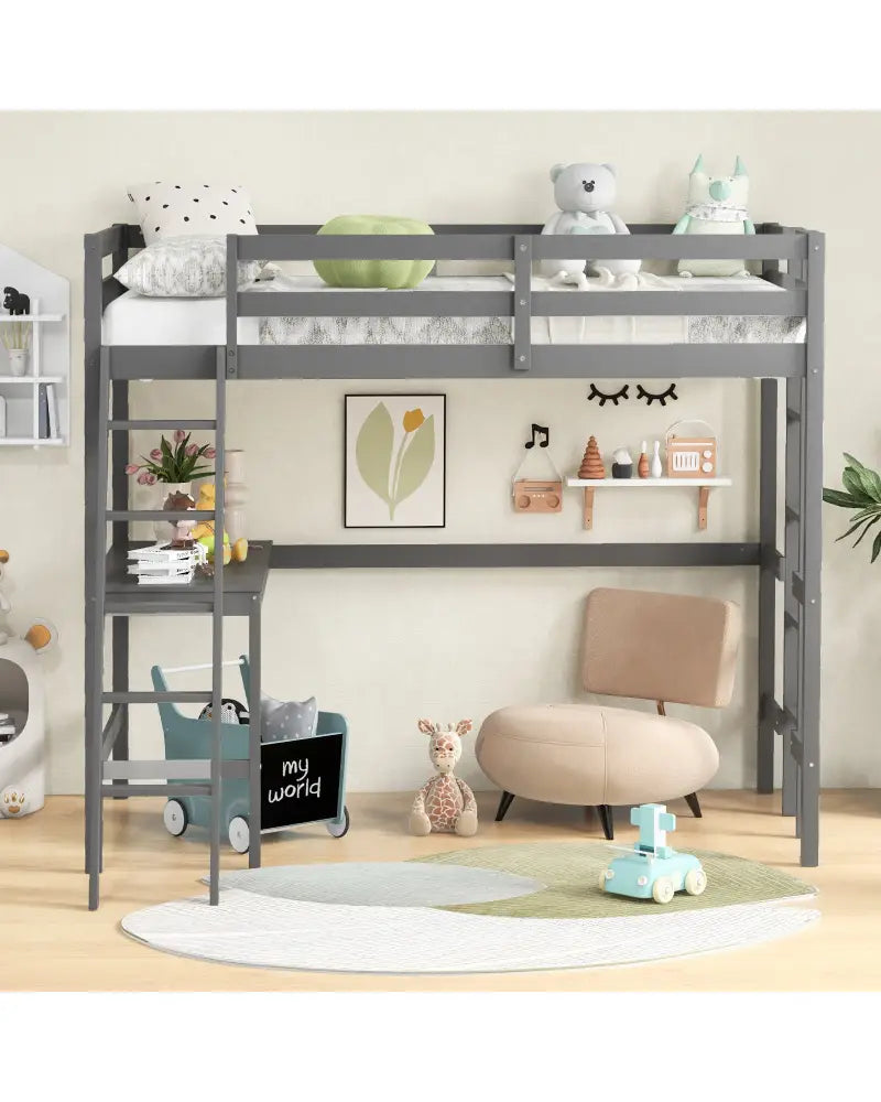 Twin Size Loft Bed Frame with Desk Angled and Built-in Ladder-Gray - Gray - Bunk Bed Frame