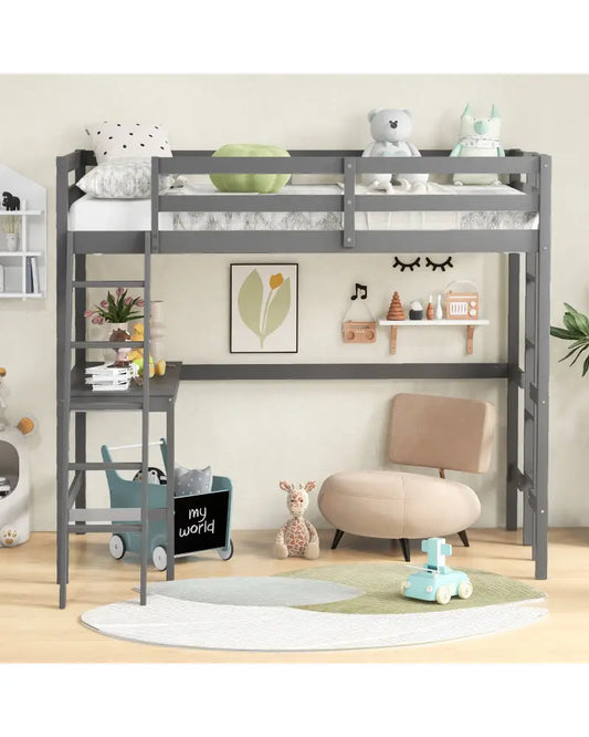 Twin Size Loft Bed Frame with Desk Angled and Built-in Ladder-Gray - Gray - Bunk Bed Frame