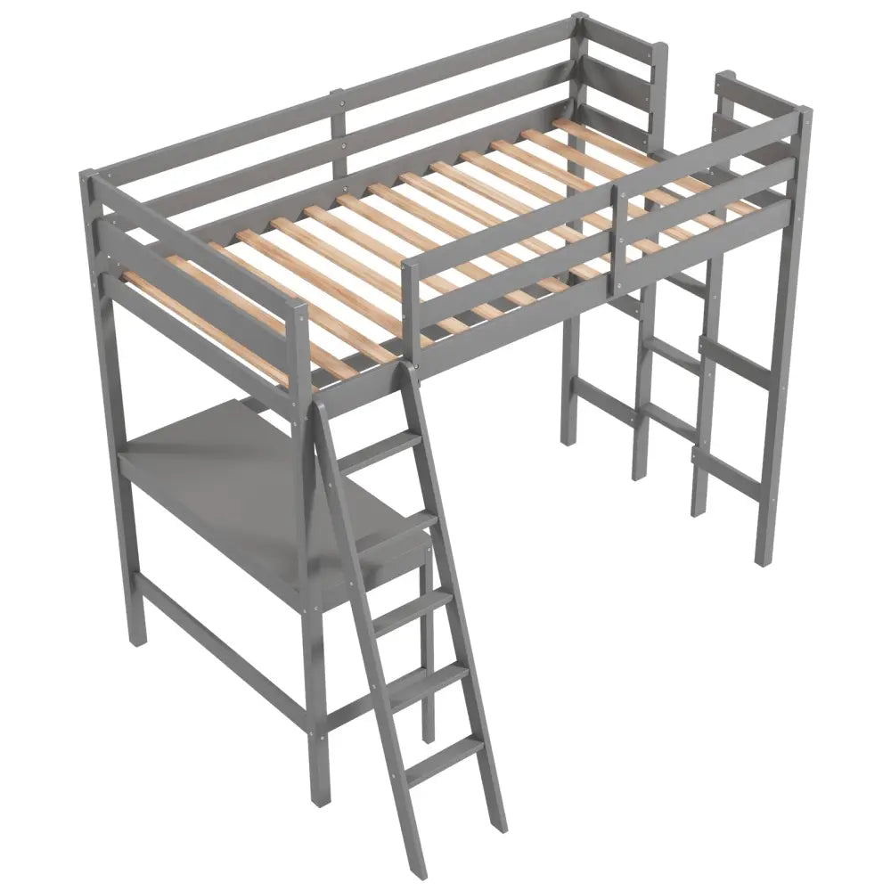 Twin Size Loft Bed Frame with Desk Angled and Built-in Ladder-Gray - Gray - Bunk Bed Frame