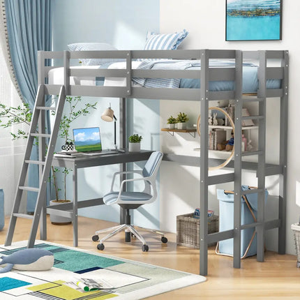 Twin Size Loft Bed Frame with Desk Angled and Built-in Ladder-Gray - Gray - Bunk Bed Frame