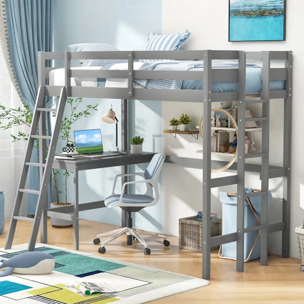 Twin Size Loft Bed Frame with Desk Angled and Built-in Ladder-Gray - Gray - Bunk Bed Frame