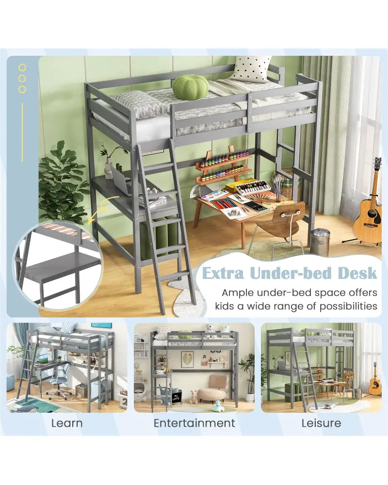 Twin Size Loft Bed Frame with Desk Angled and Built-in Ladder-Gray - Gray - Bunk Bed Frame
