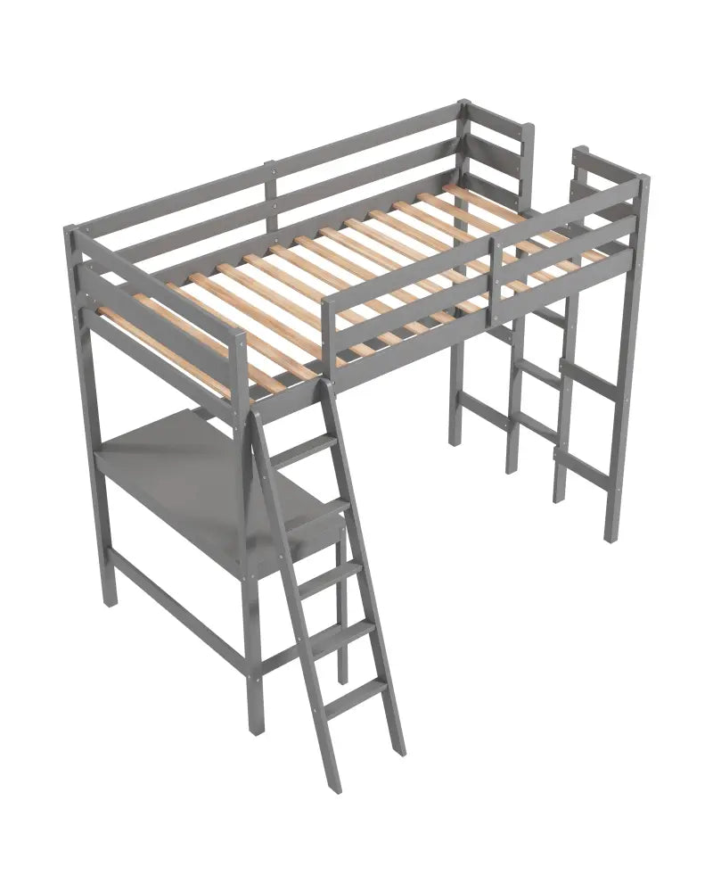 Twin Size Loft Bed Frame with Desk Angled and Built-in Ladder-Gray - Gray - Bunk Bed Frame