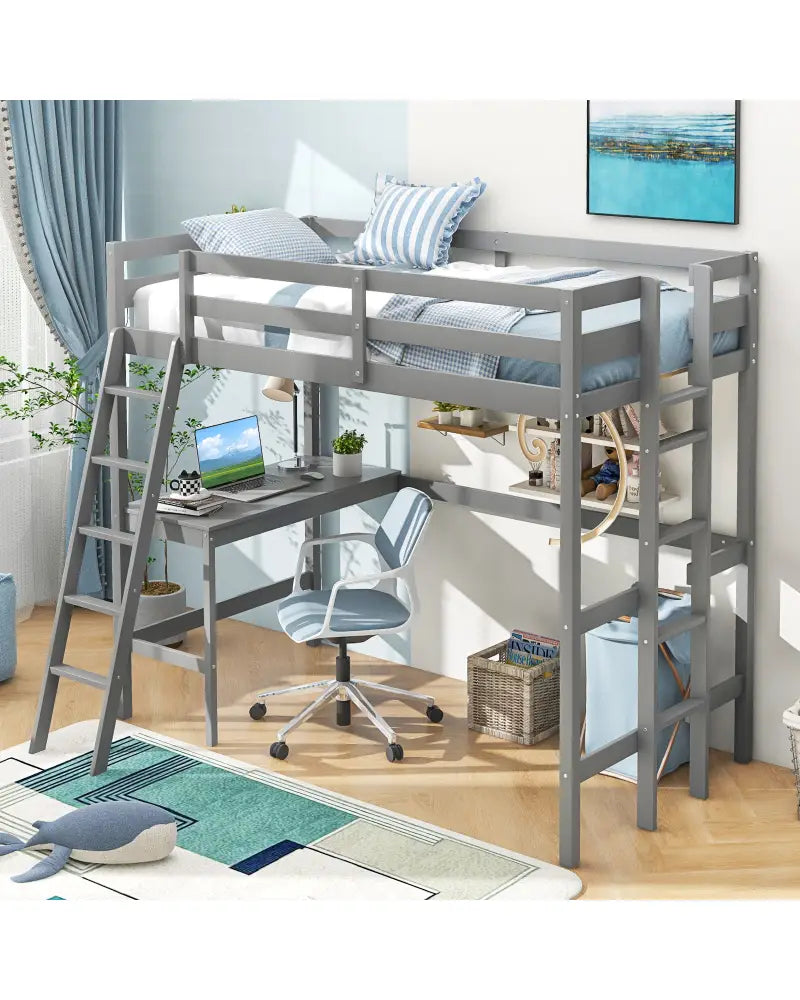 Twin Size Loft Bed Frame with Desk Angled and Built-in Ladder-Gray - Gray - Bunk Bed Frame