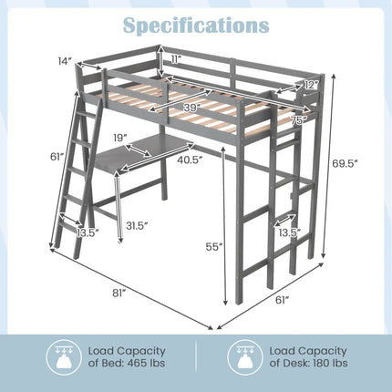 Twin Size Loft Bed Frame with Desk Angled and Built-in Ladder-Gray - Gray - Bunk Bed Frame