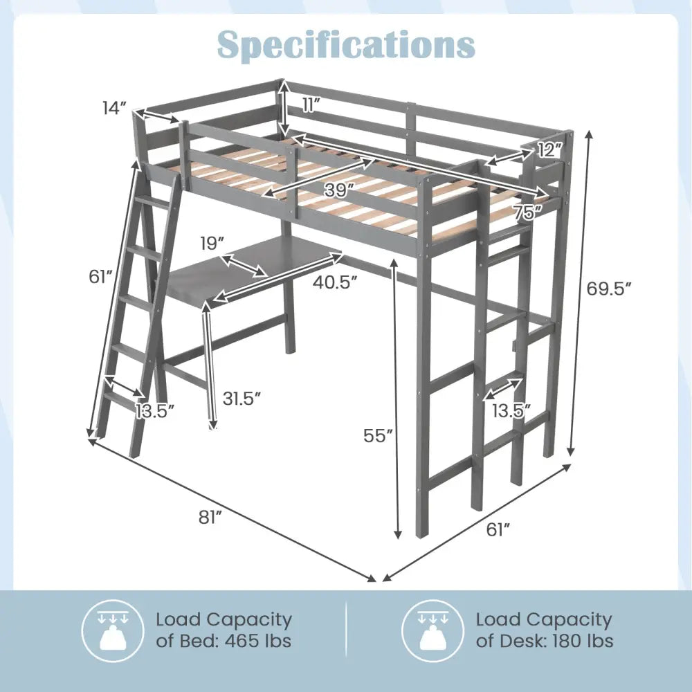 Twin Size Loft Bed Frame with Desk Angled and Built-in Ladder-Gray - Gray - Bunk Bed Frame