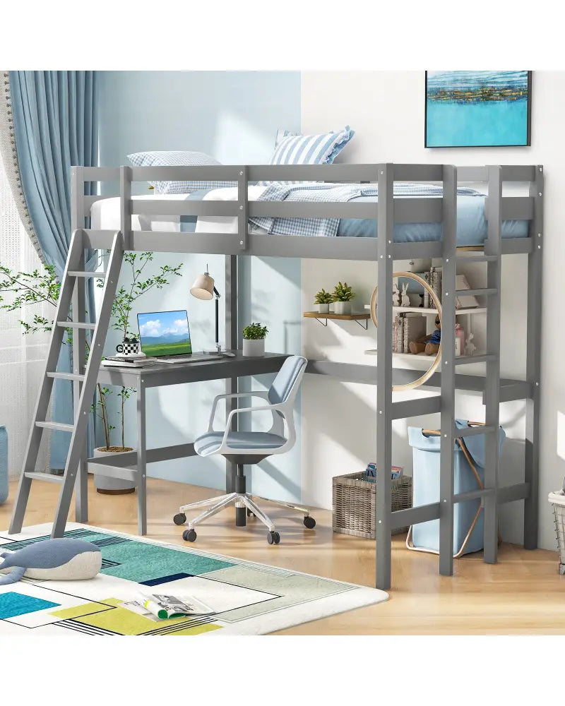 Twin Size Loft Bed Frame with Desk Angled and Built-in Ladder-Gray - Gray - Bunk Bed Frame